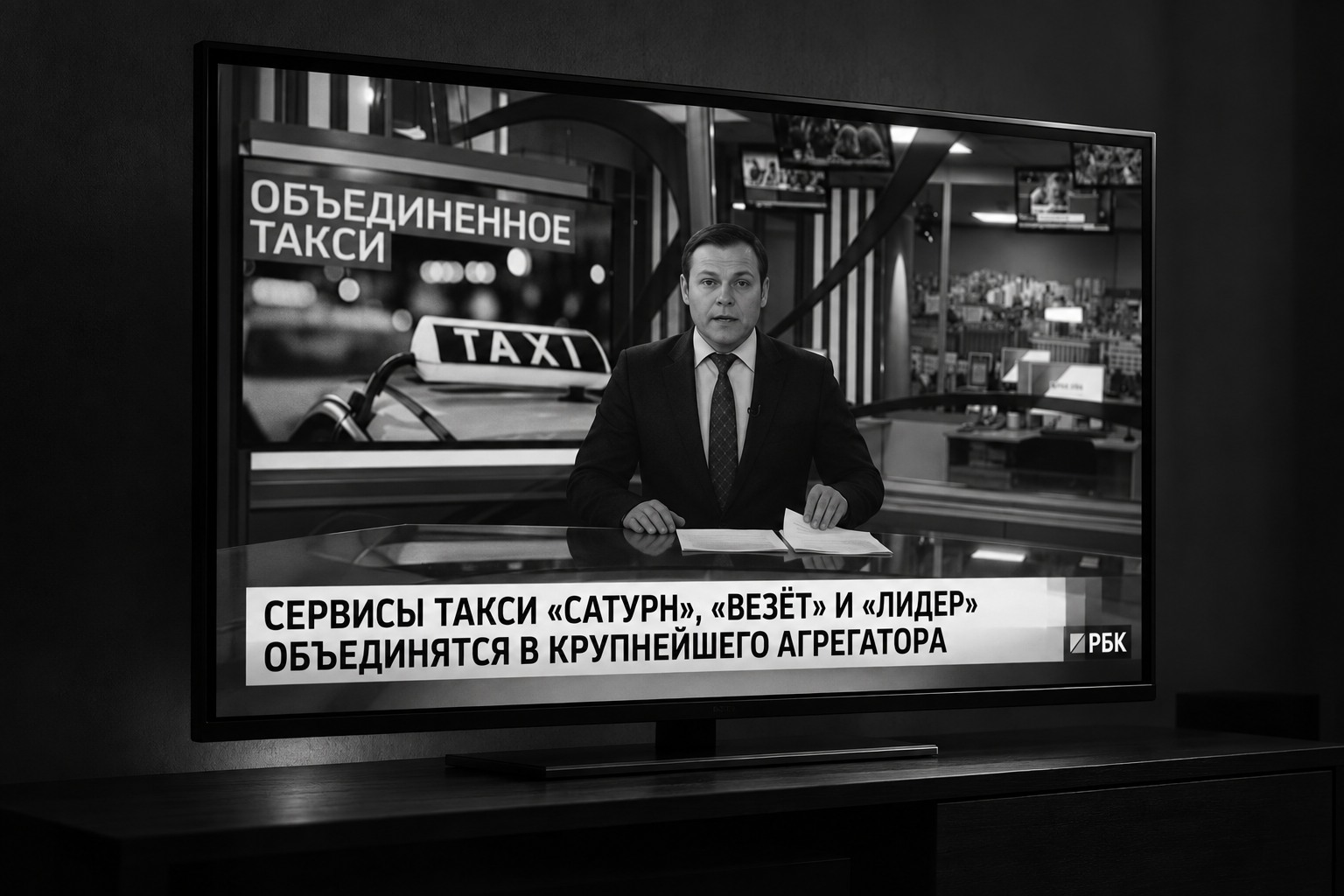 Редакционная иллюстрация: телевизор с ведущим РБК и заголовком об объединении служб такси